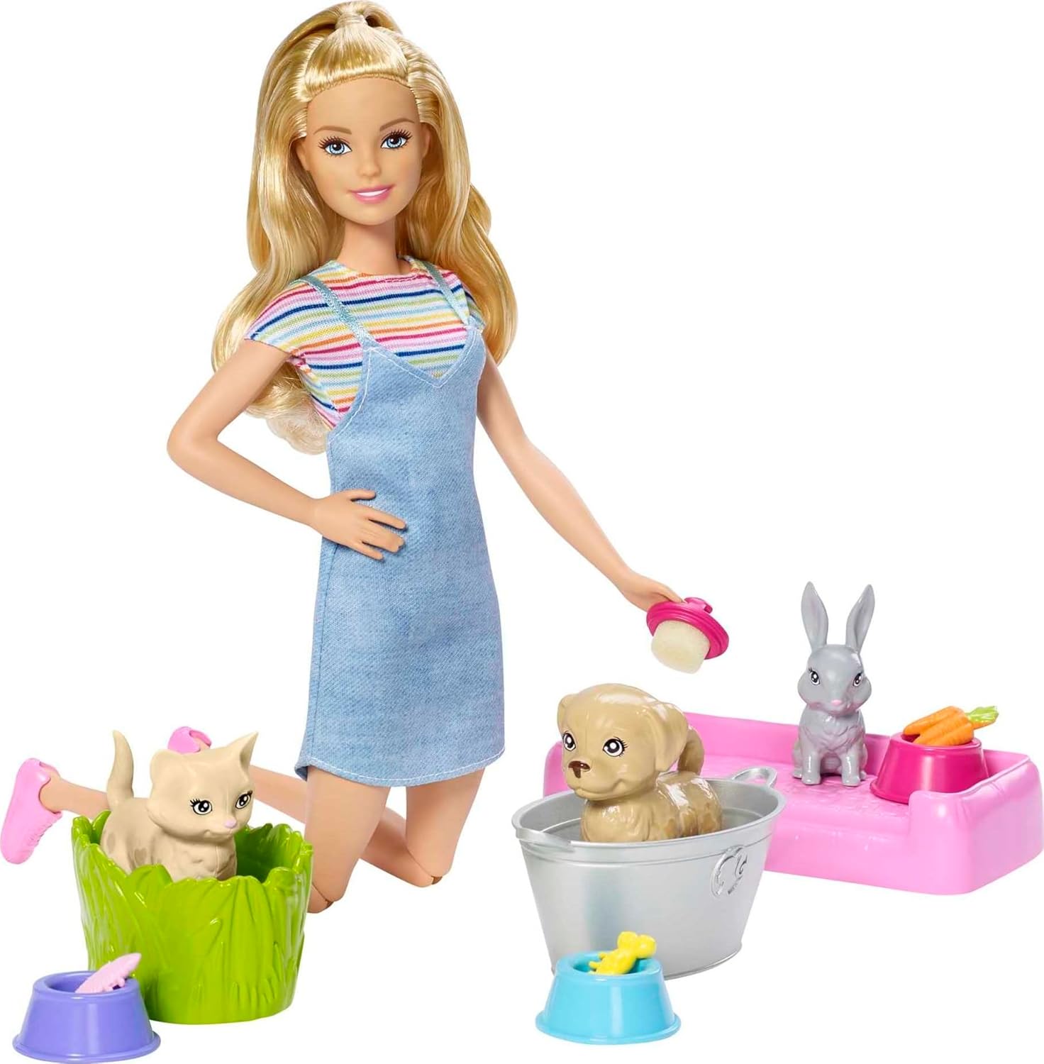 Barbie Play 'n Wash Pets Playset with 3 Color-Change Animals & 10 Toy Accessories, Blonde Fashion Doll with Blue Eyes